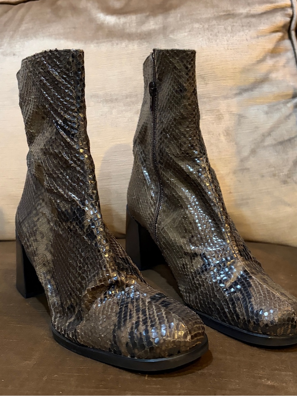Martinez Valero Black Faux Snake-Effect Block Heel Ankle Boots